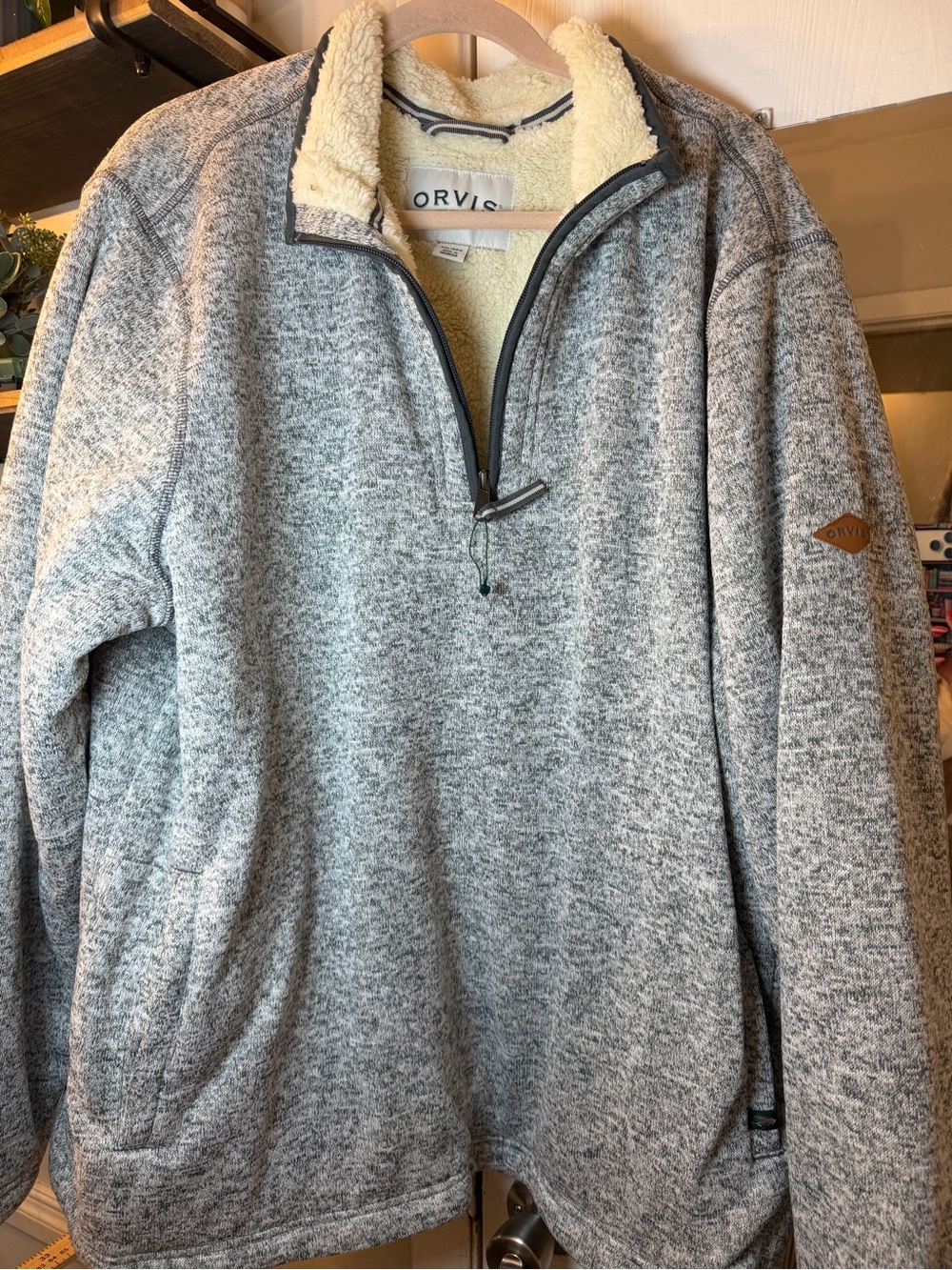 Orvis Gray Heather Quarter-Zip Sherpa Pullover with Cream Lining